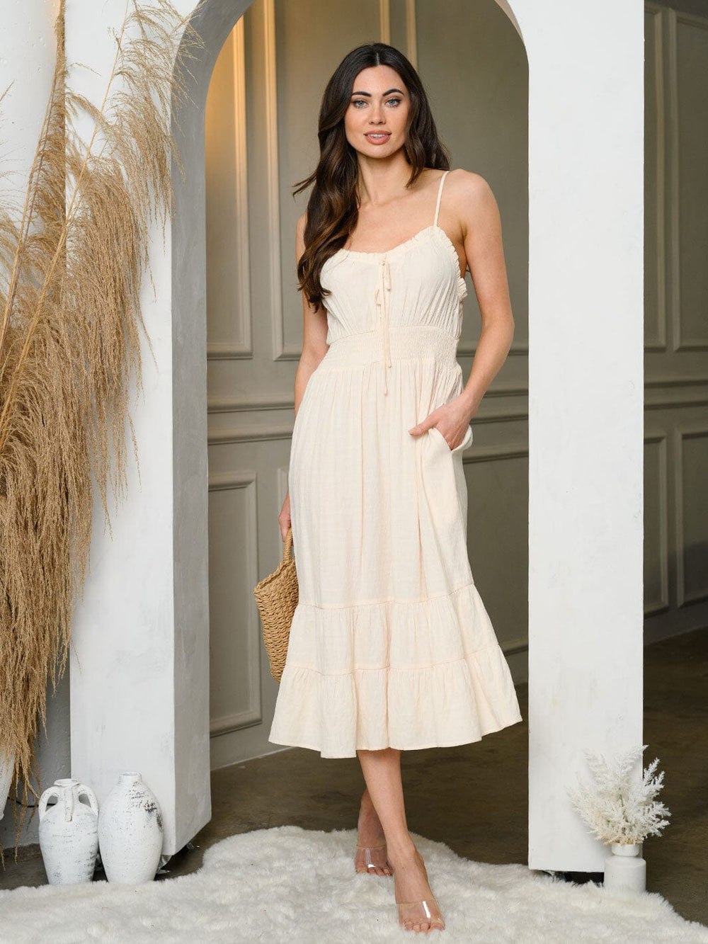 WOMEN'S SLEEVELESS TIERED POCKETS RUFFLE MIDI DRESS