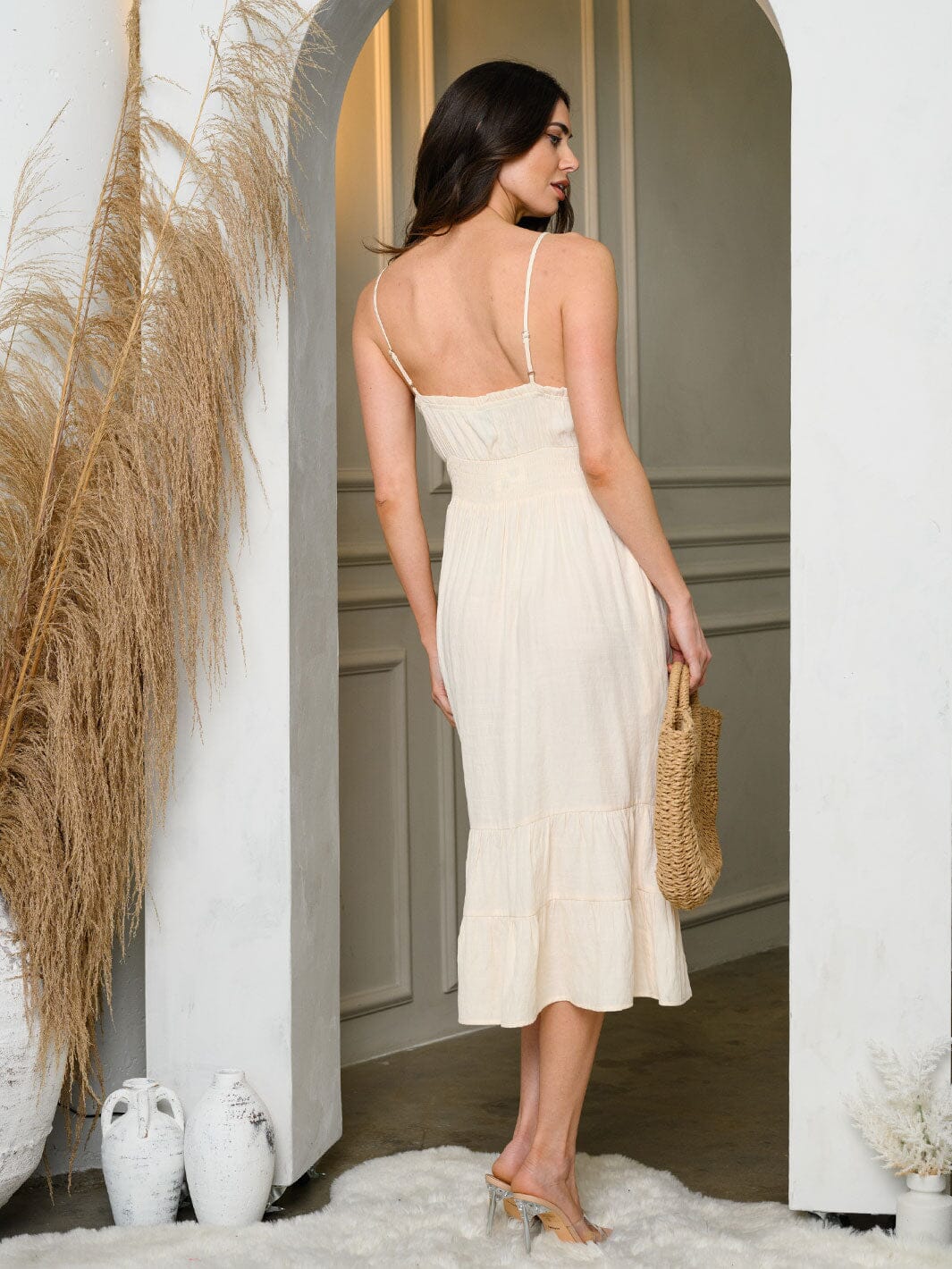 WOMEN'S SLEEVELESS TIERED POCKETS RUFFLE MIDI DRESS