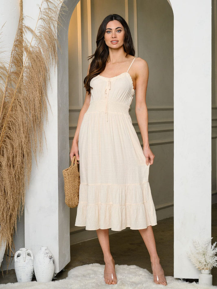 WOMEN'S SLEEVELESS TIERED POCKETS RUFFLE MIDI DRESS