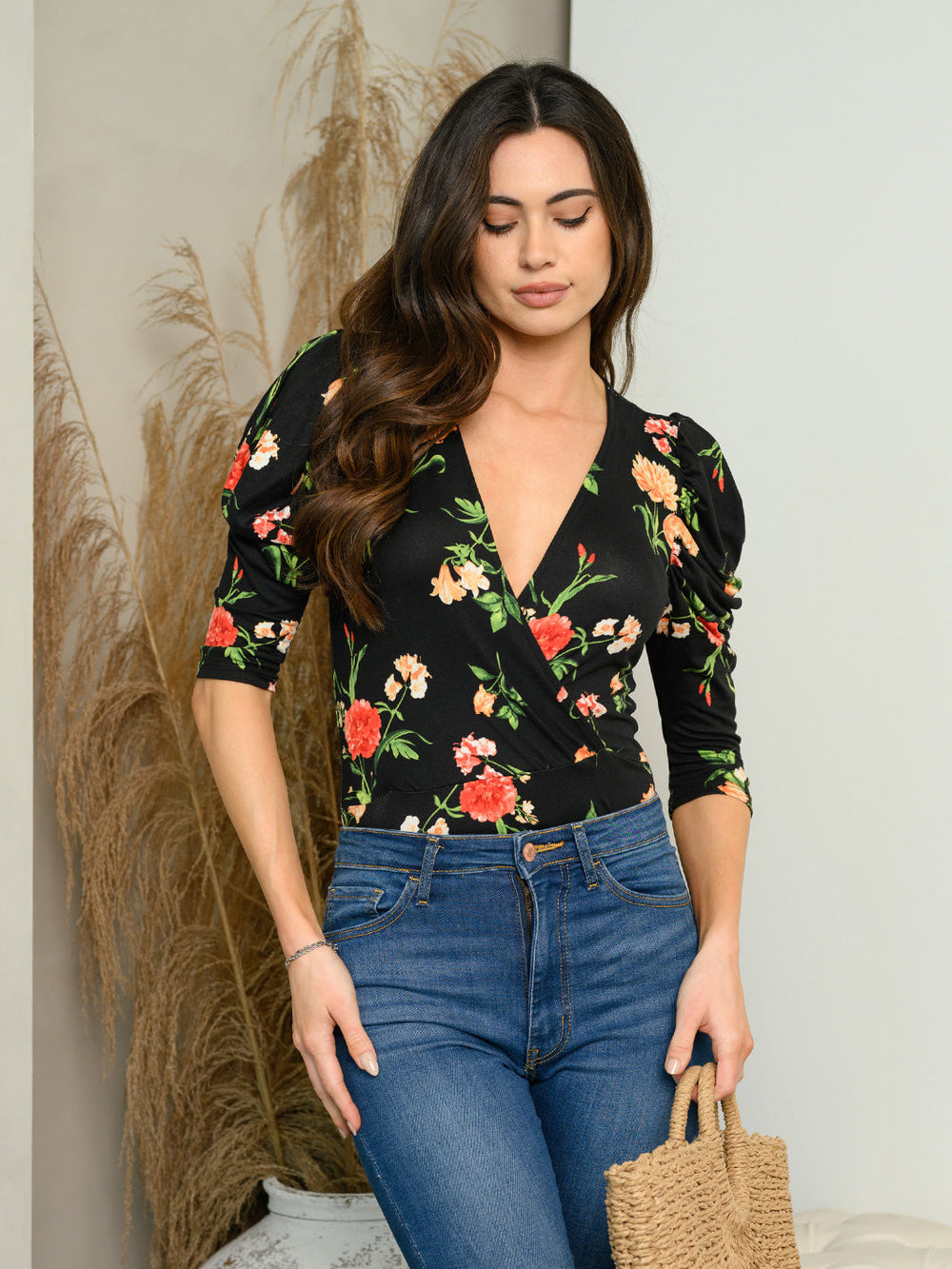 WOMEN'S FLORAL SURPLICE BODYSUIT