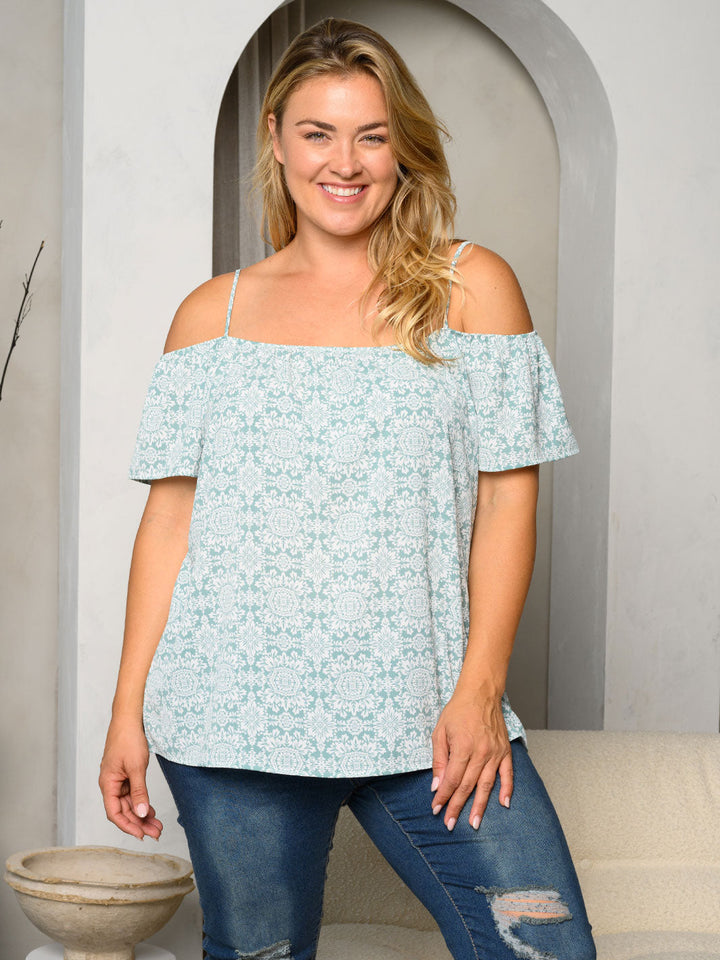 PLUS SIZE COLD SHOULDER MULTI PRINT TOP