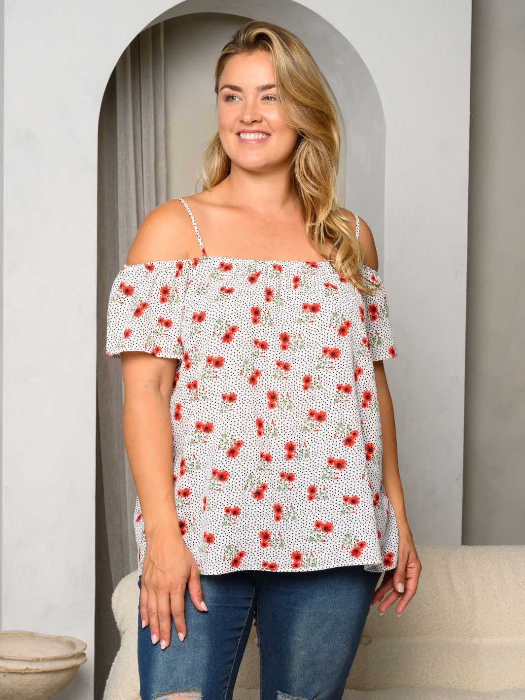 PLUS SIZE COLD SHOULDER FLORAL PRINT TOP