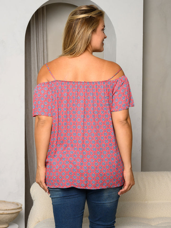 PLUS SIZE COLD SHOULDER MULTI PRINT TOP