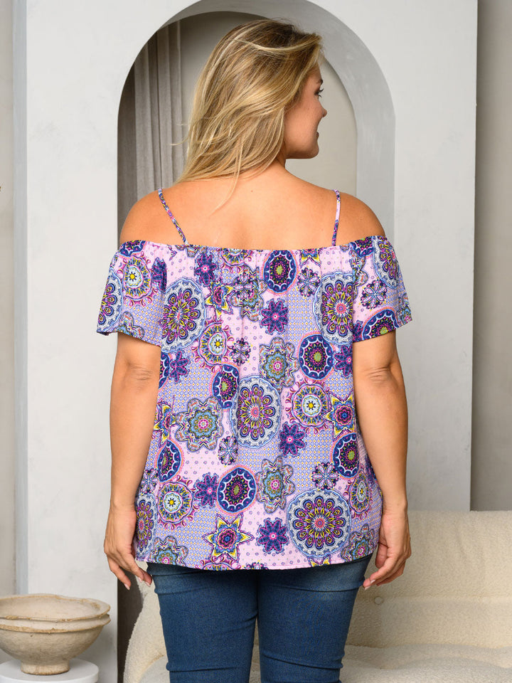 PLUS SIZE COLD SHOULDER MULTI COLORS PRINT TOP