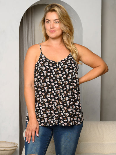 PLUS SIZE SLEEVELESS BUTTON UP FLORAL TANK TOP