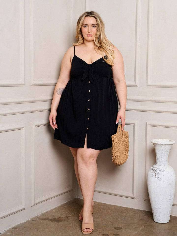 PLUS SIZE SLEEVELESS V-NECK FRONT KNOT MINI DRESS