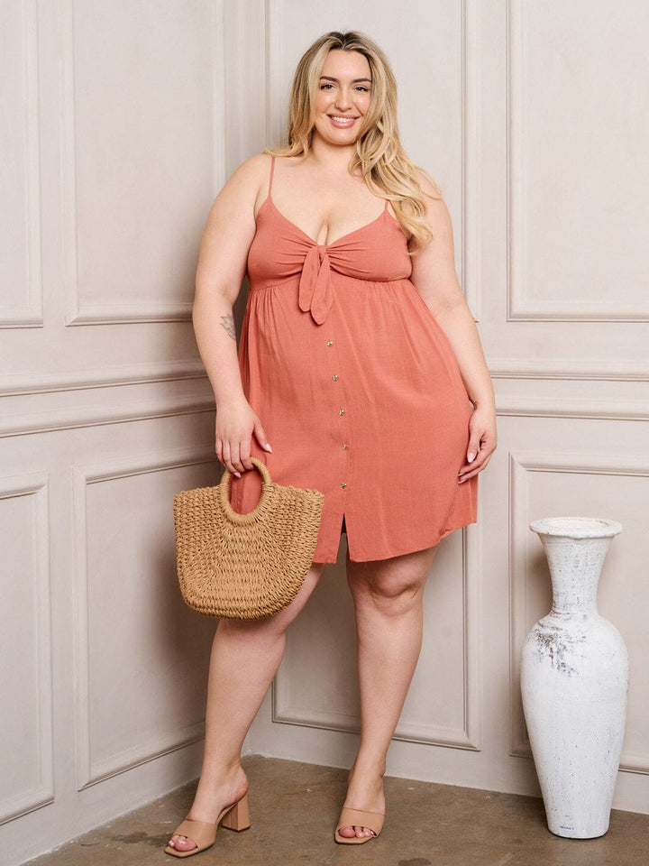 PLUS SIZE SLEEVELESS V-NECK FRONT KNOT MINI DRESS