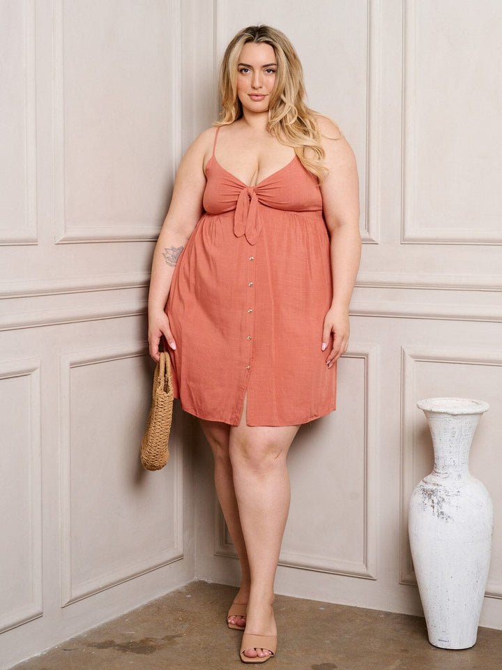 PLUS SIZE SLEEVELESS V-NECK FRONT KNOT MINI DRESS