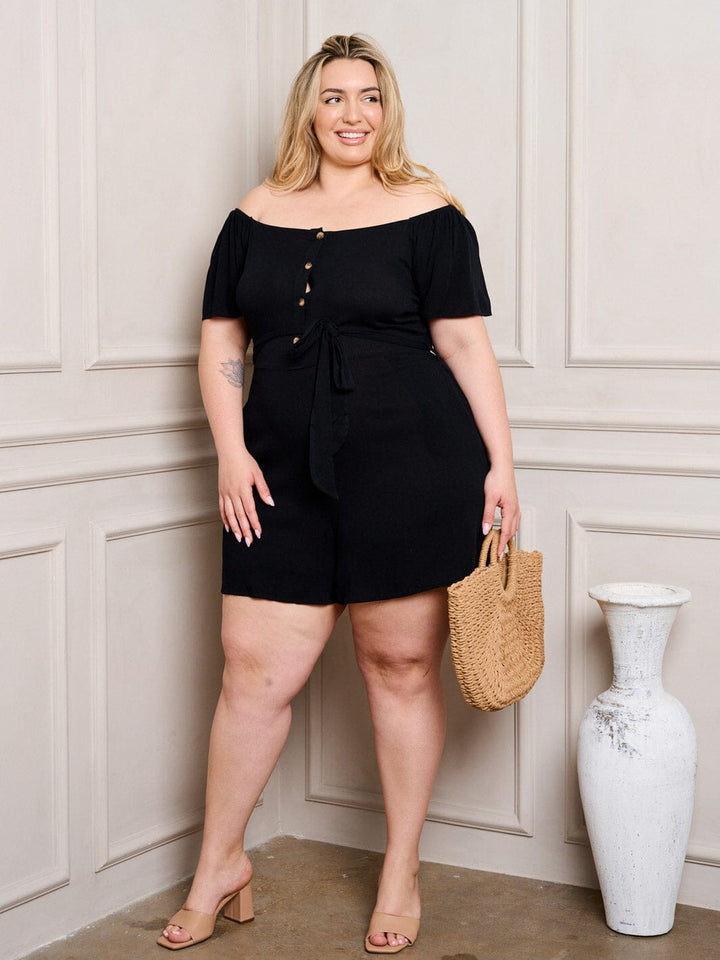 PLUS SIZE OFF SHOULDER SELF TIE BUTTON UP POCKETS ROMPER