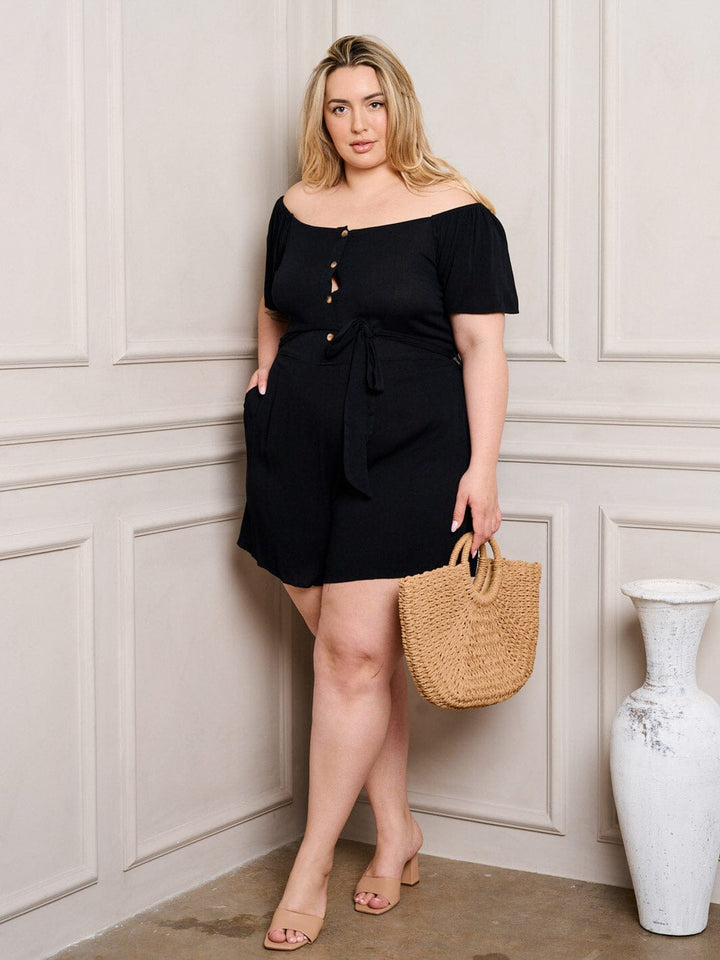 PLUS SIZE OFF SHOULDER SELF TIE BUTTON UP POCKETS ROMPER