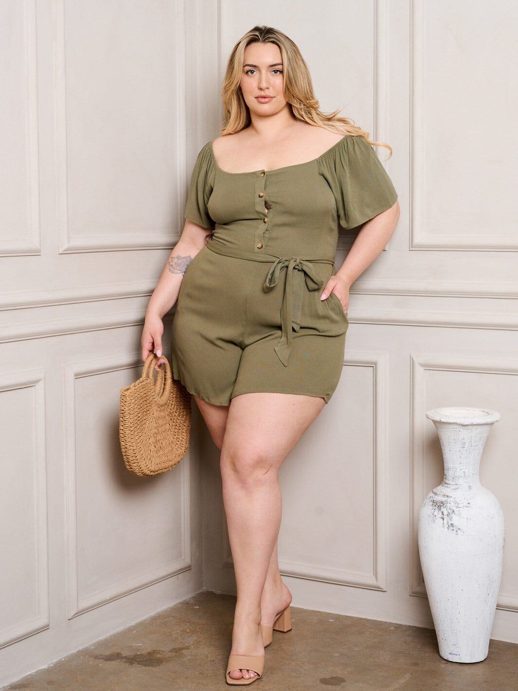 PLUS SIZE OFF SHOULDER SELF TIE BUTTON UP POCKETS ROMPER