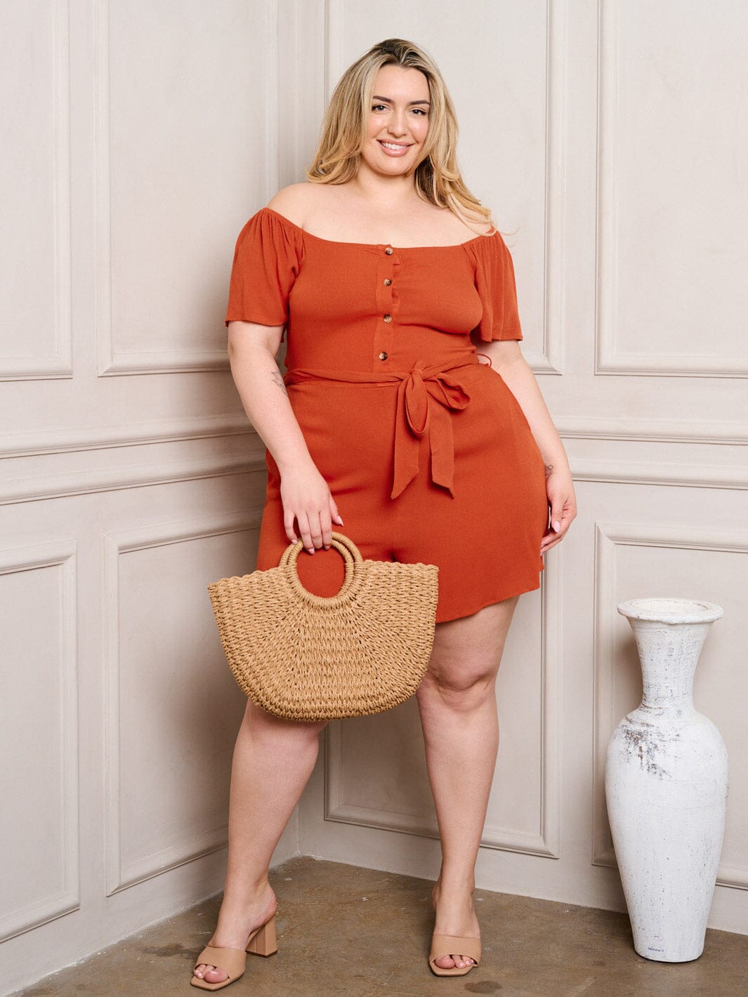 PLUS SIZE OFF SHOULDER SELF TIE BUTTON UP POCKETS ROMPER