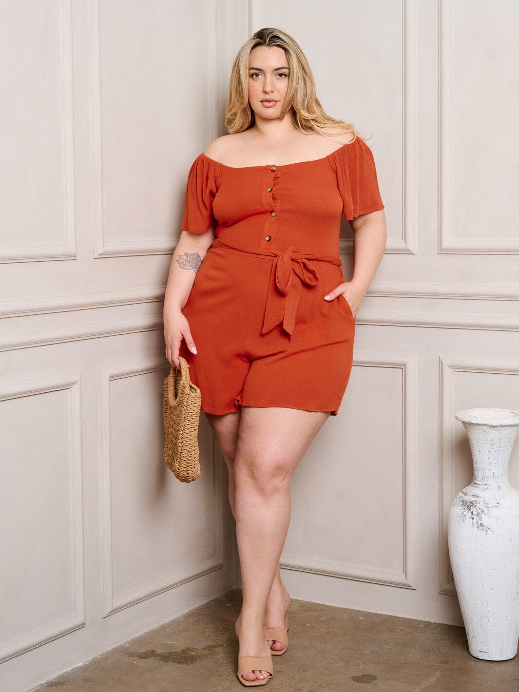 PLUS SIZE OFF SHOULDER SELF TIE BUTTON UP POCKETS ROMPER