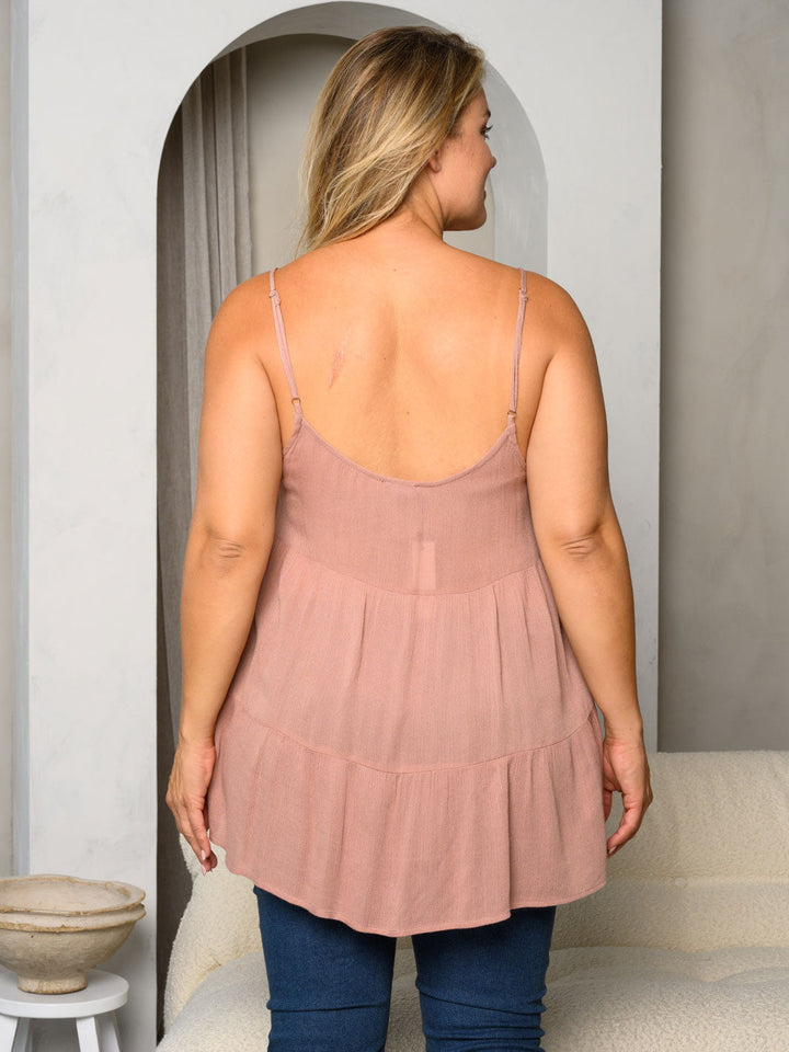 PLUS SIZE SLEEVELESS TIERED BUTTON UP TANK TOP