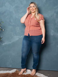 PLUS SIZE SHORT SLEEVE RUFFLE BUTTON UP TOP