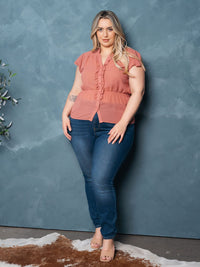 PLUS SIZE SHORT SLEEVE RUFFLE BUTTON UP TOP