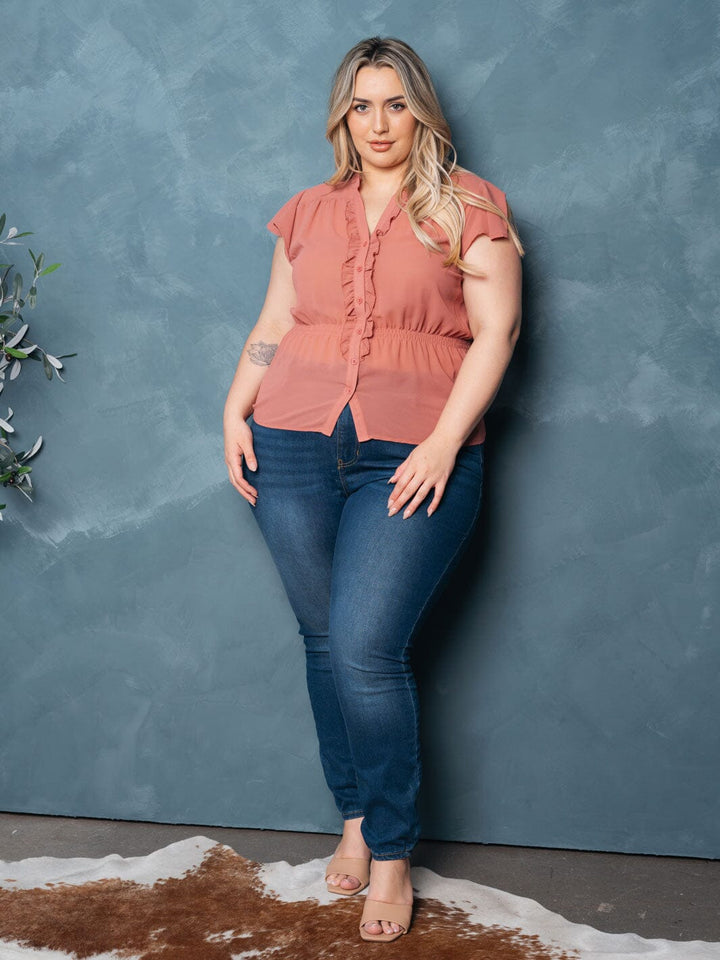 PLUS SIZE SHORT SLEEVE RUFFLE BUTTON UP TOP