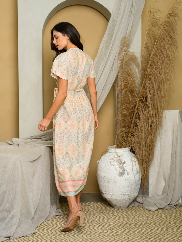 WOMEN'S SHORT SLEEVE MULTI PRINT WRAP MAXI DRESS