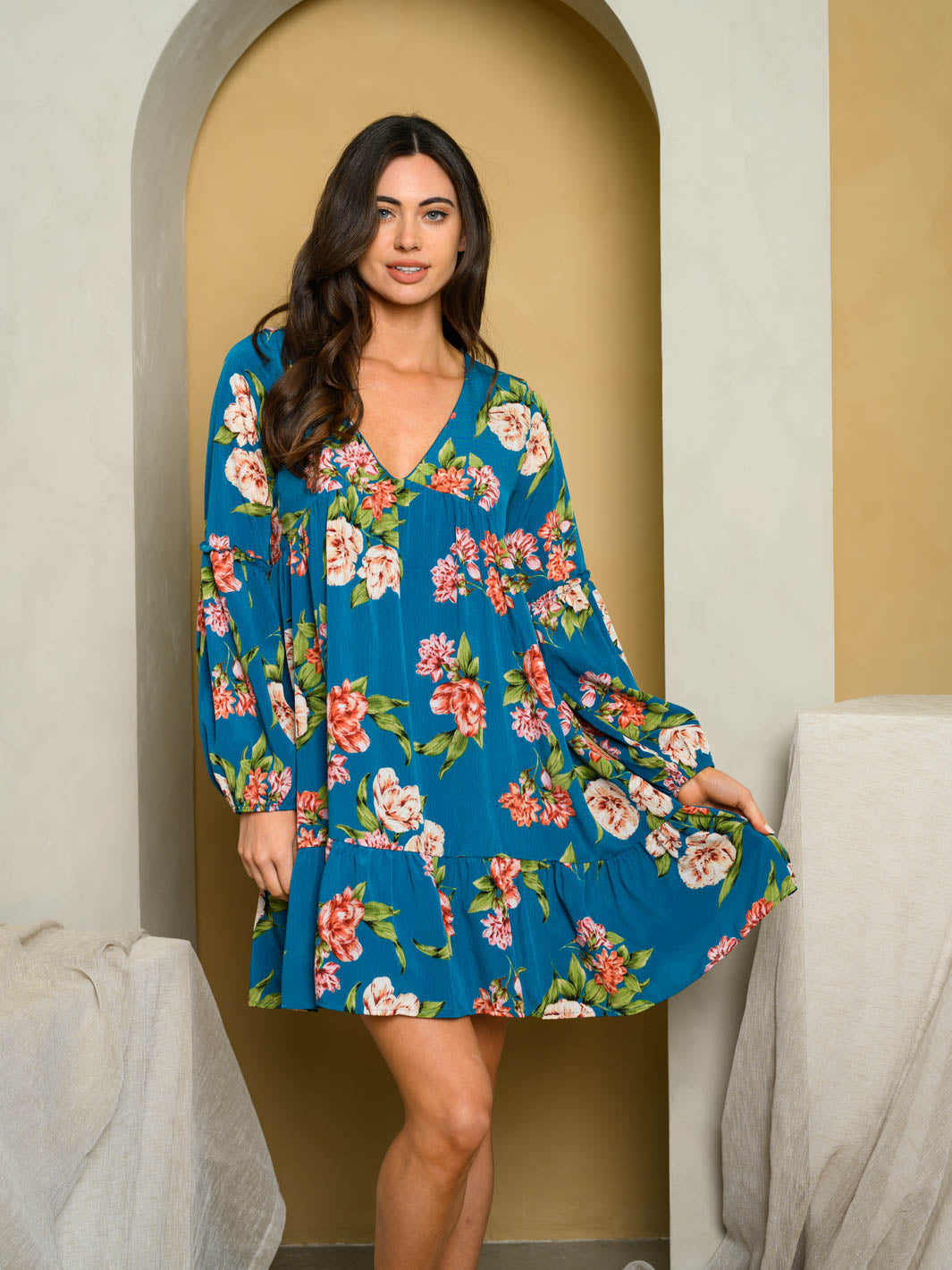 WOMEN'S LONGSLEEVE BABYDOLL FLORAL MINI DRESS