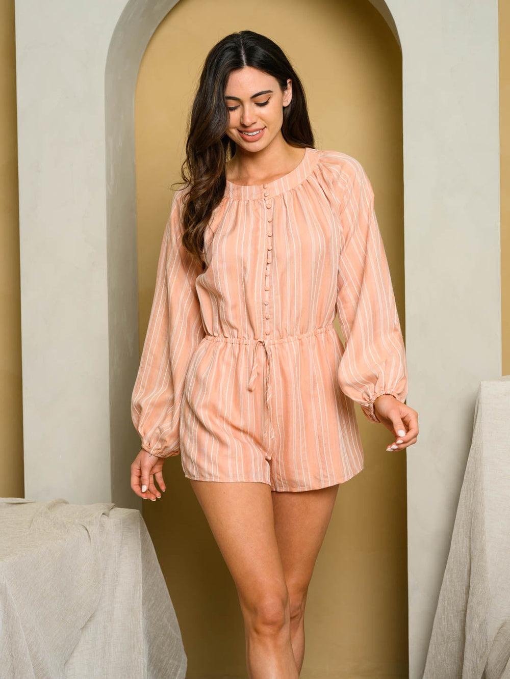 WOMEN'S LONG SLEEVE BUTTON DETAIL STRIPES ROMPER