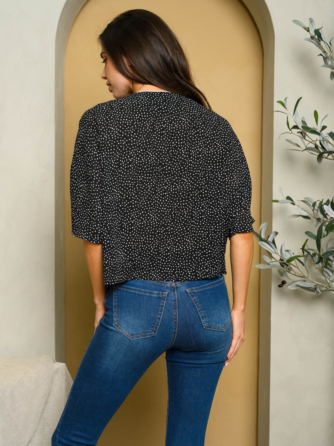 WOMEN'S SHORT SLEEVE BUTTON UP POLKA DOT TOP