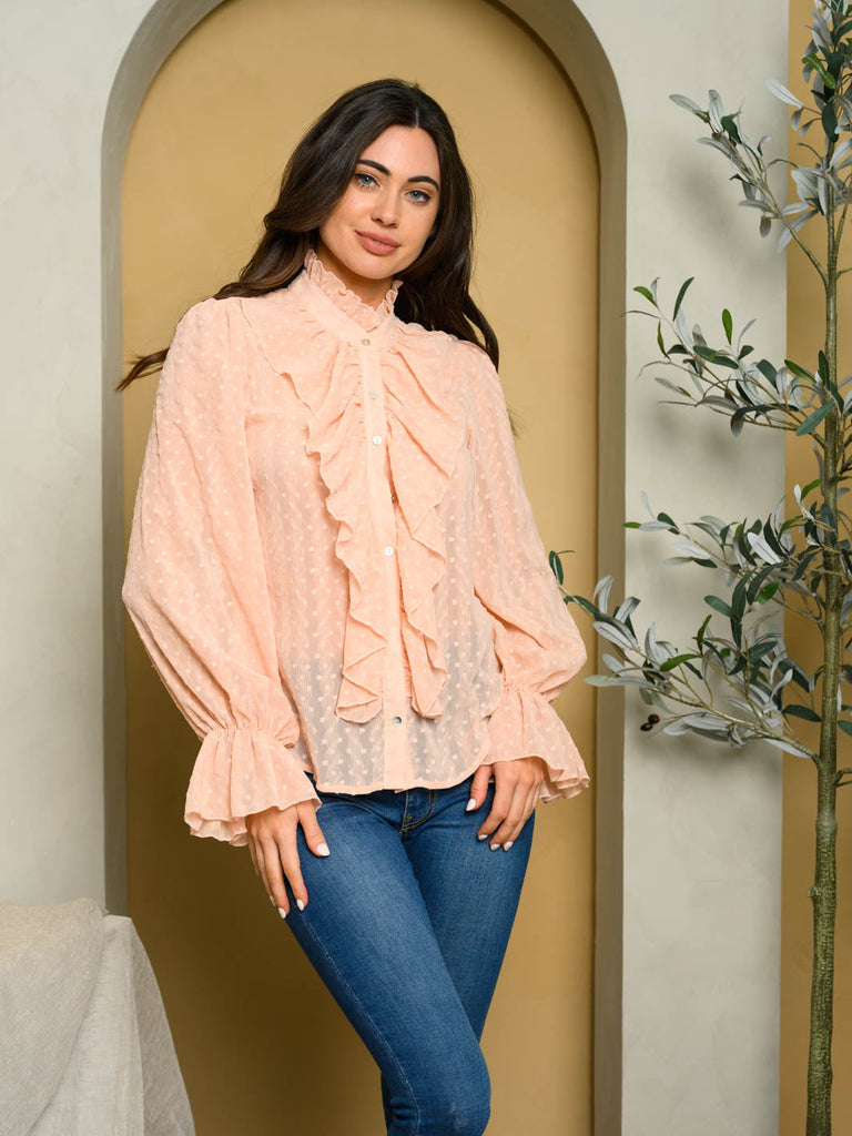 WOMEN'S LONG SLEEVE SWISS DOT RUFFLE TOP – Wholesalefashiontrends.com