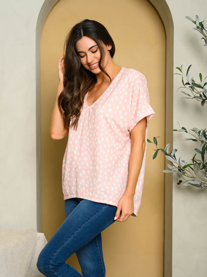 WOMEN'S SHORT SLEEVE V-NECK POLKA DOTS TOP