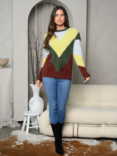 WOMEN'S LONG SLEEVE CHEVRON FUZZY COLORBLOCK SWEATER