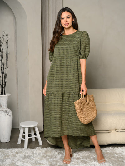WOMEN'S SHORT PUFF SLEEVE TIRED BACK LACE UP MAXI DRESS