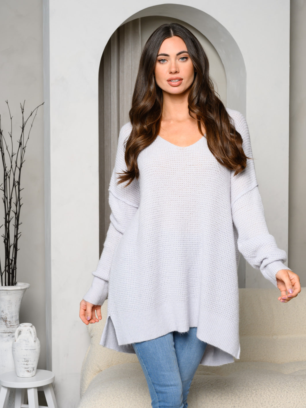 WOMEN'S LONG SLEEVE V-NECK LOOSE FIT SWEATER