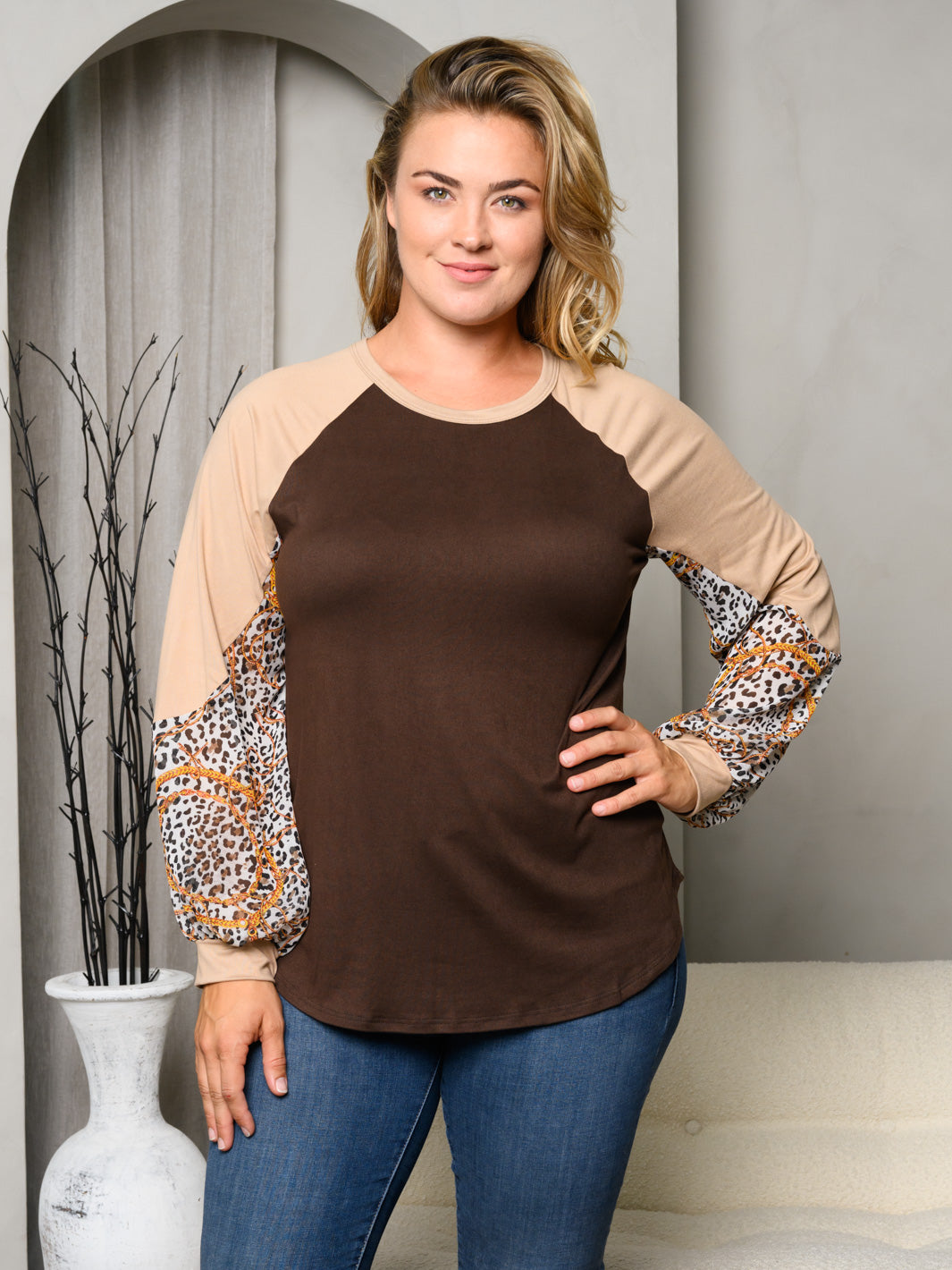 PLUS SIZE LONG SLEEVE ANIMAL PRINT CHAIN PRINT TOP