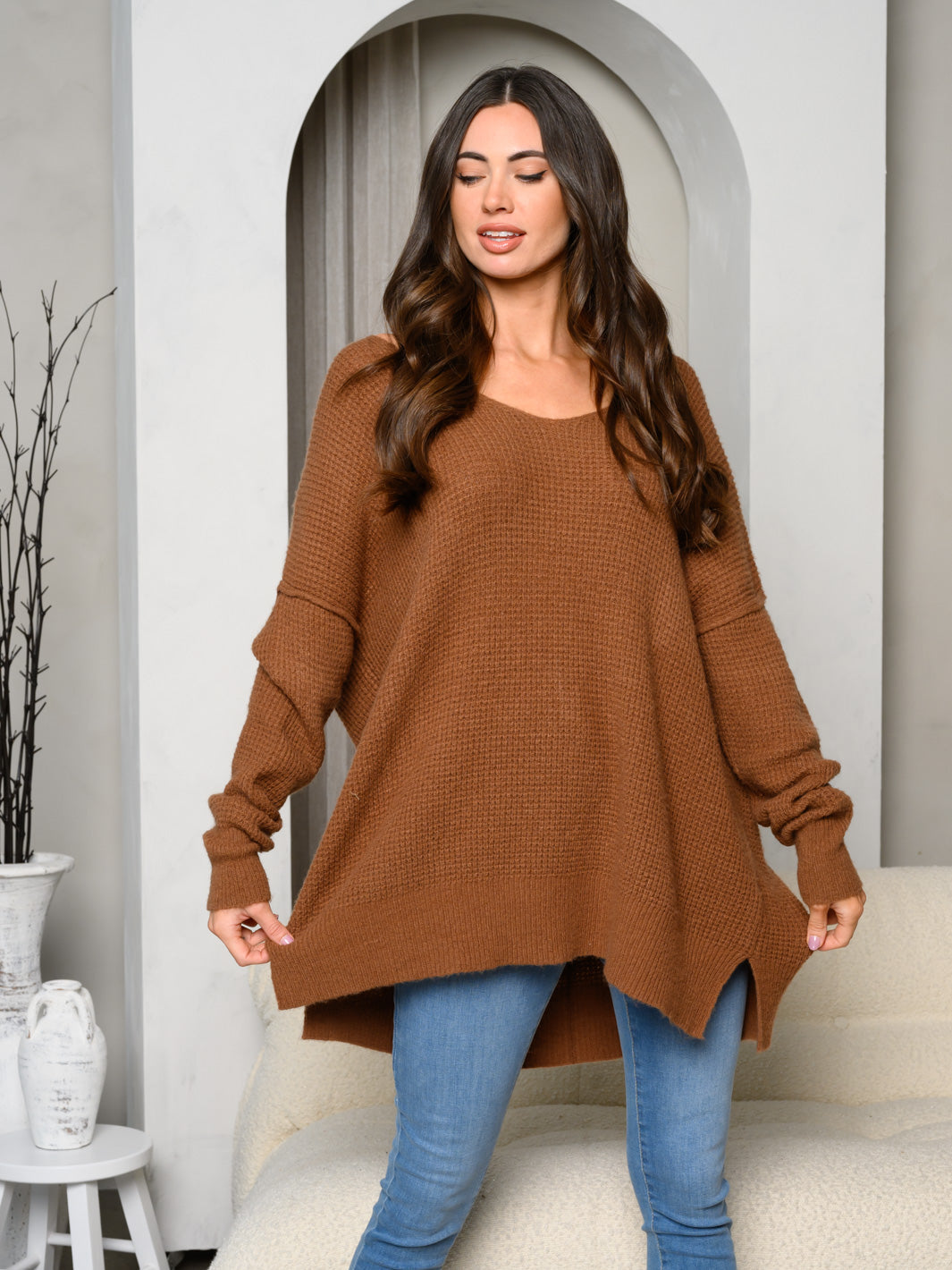 WOMEN'S LONG SLEEVE V-NECK LOOSE FIT SWEATER