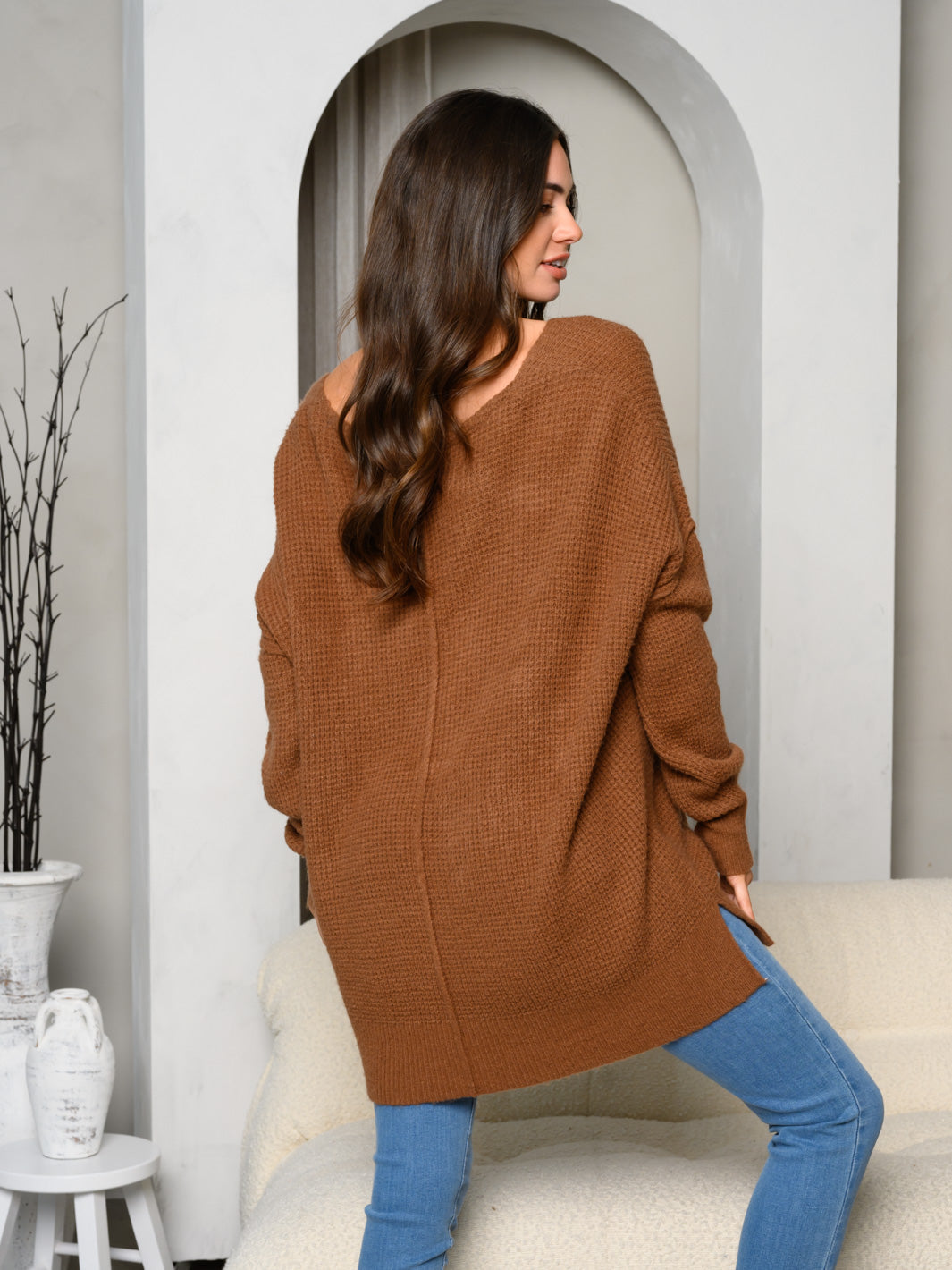 WOMEN'S LONG SLEEVE V-NECK LOOSE FIT SWEATER