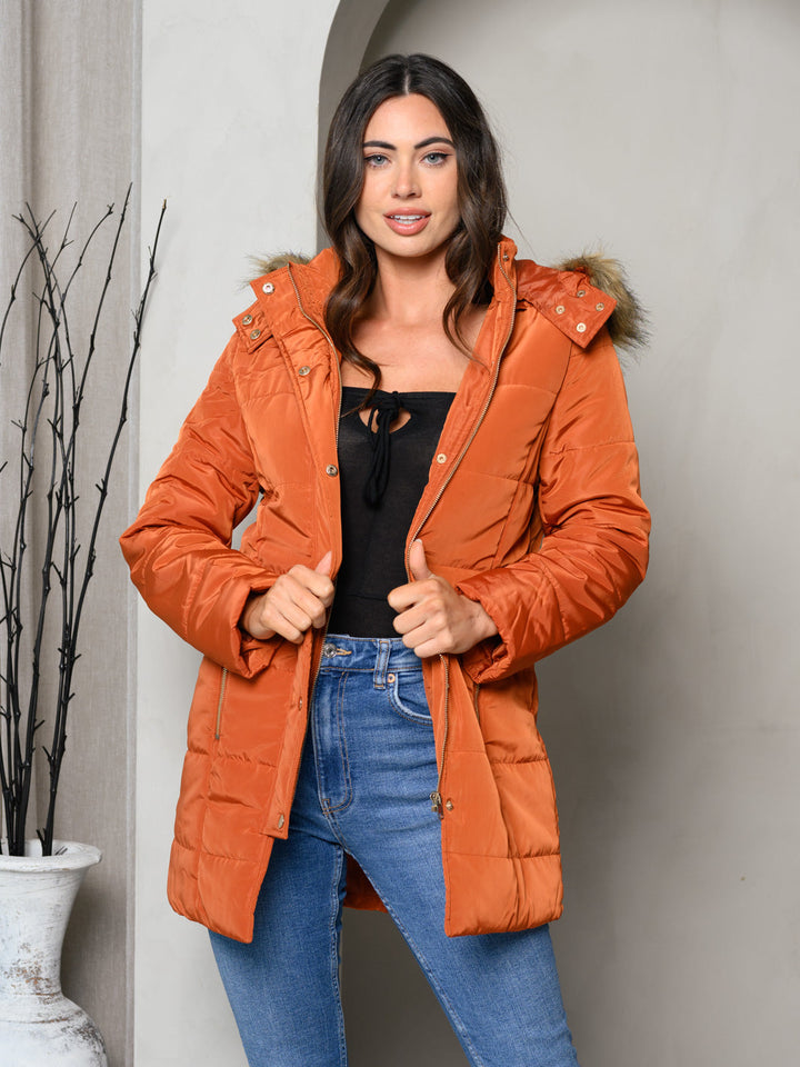 WOMEN'S PADDED BUTTON DOWN FUR HOODED JACKET