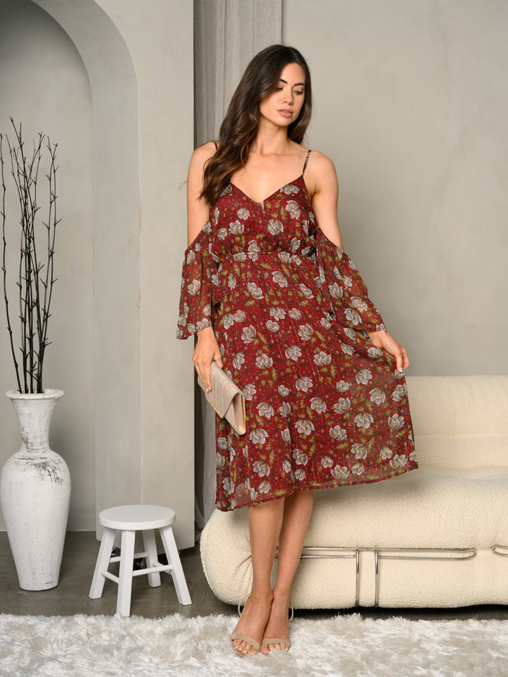 WOMEN'S SPAGHETTI STRAP V-NECK METAL STRIPE CHIFFON DRESS