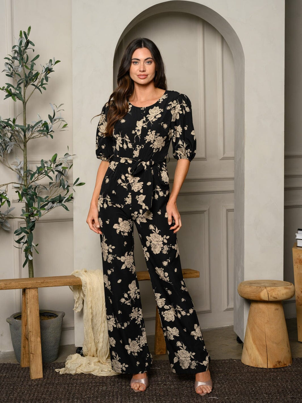 WOMEN'S SHORT SLEEVE FLORAL SELF TIE POCKETS JUMPSUIT