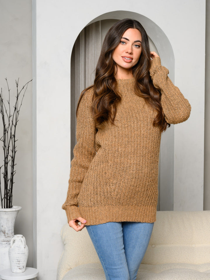 WOMEN'S LONG SLEEVE ROUND NECK RIBBED SOLID SWEATER
