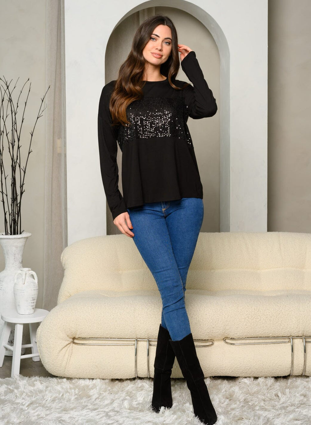 WOMEN'S LONG SLEEVE SEQUINS TUNIC TOP