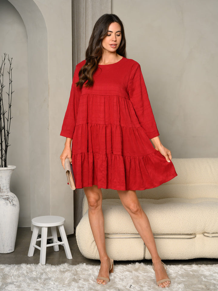 WOMEN'S 3/4 SLEEVE TIERED BABYDOLL TUNIC MINI DRESS