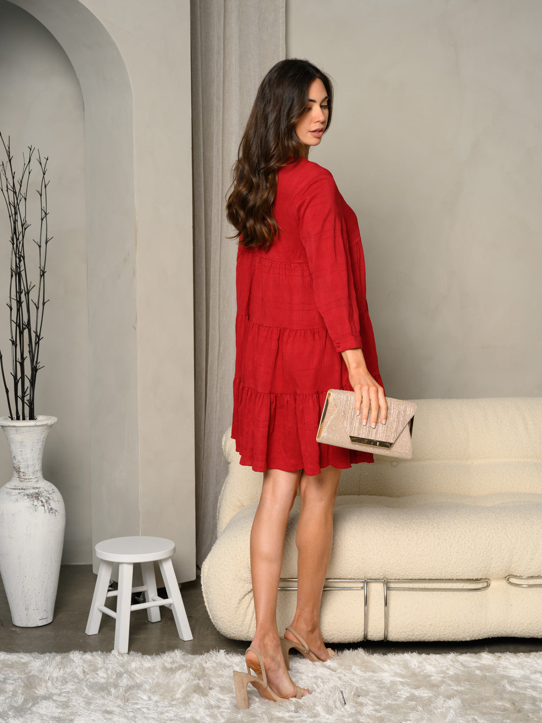 WOMEN'S 3/4 SLEEVE TIERED BABYDOLL TUNIC MINI DRESS