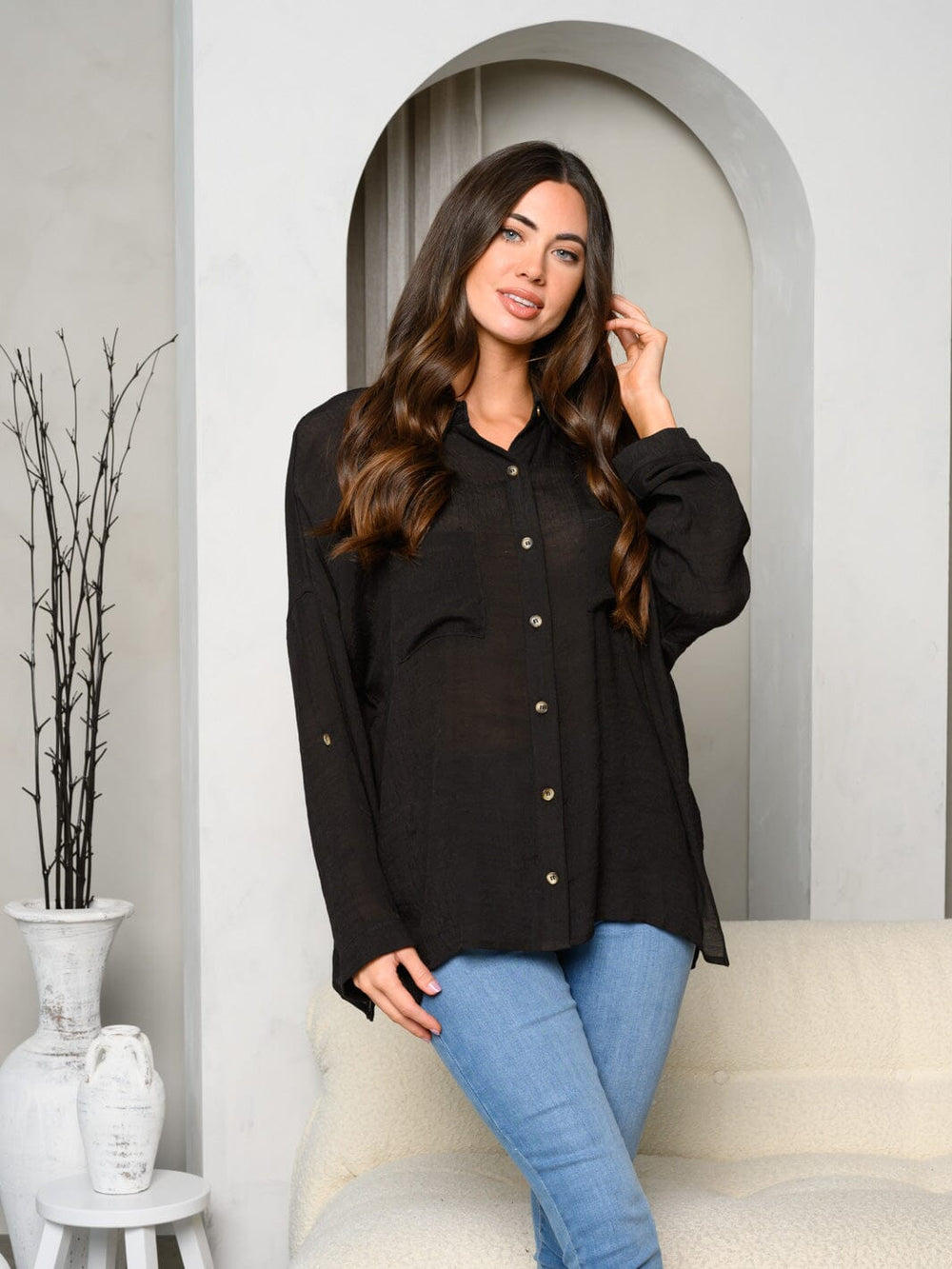 WOMEN'S LONG SLEEVE BUTTON UP FRONT POCKETS TOP