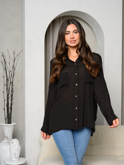 WOMEN'S LONG SLEEVE BUTTON UP FRONT POCKETS TOP