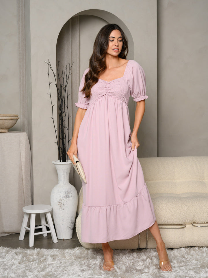 WOMEN'S SWEETHEART NECK SMOCKED BUST POCKETS MAXI DRESS