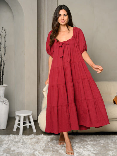 WOMEN'S SHORT SLEEVE TIRED TUNIC FRONT TIE MAXI DRESS