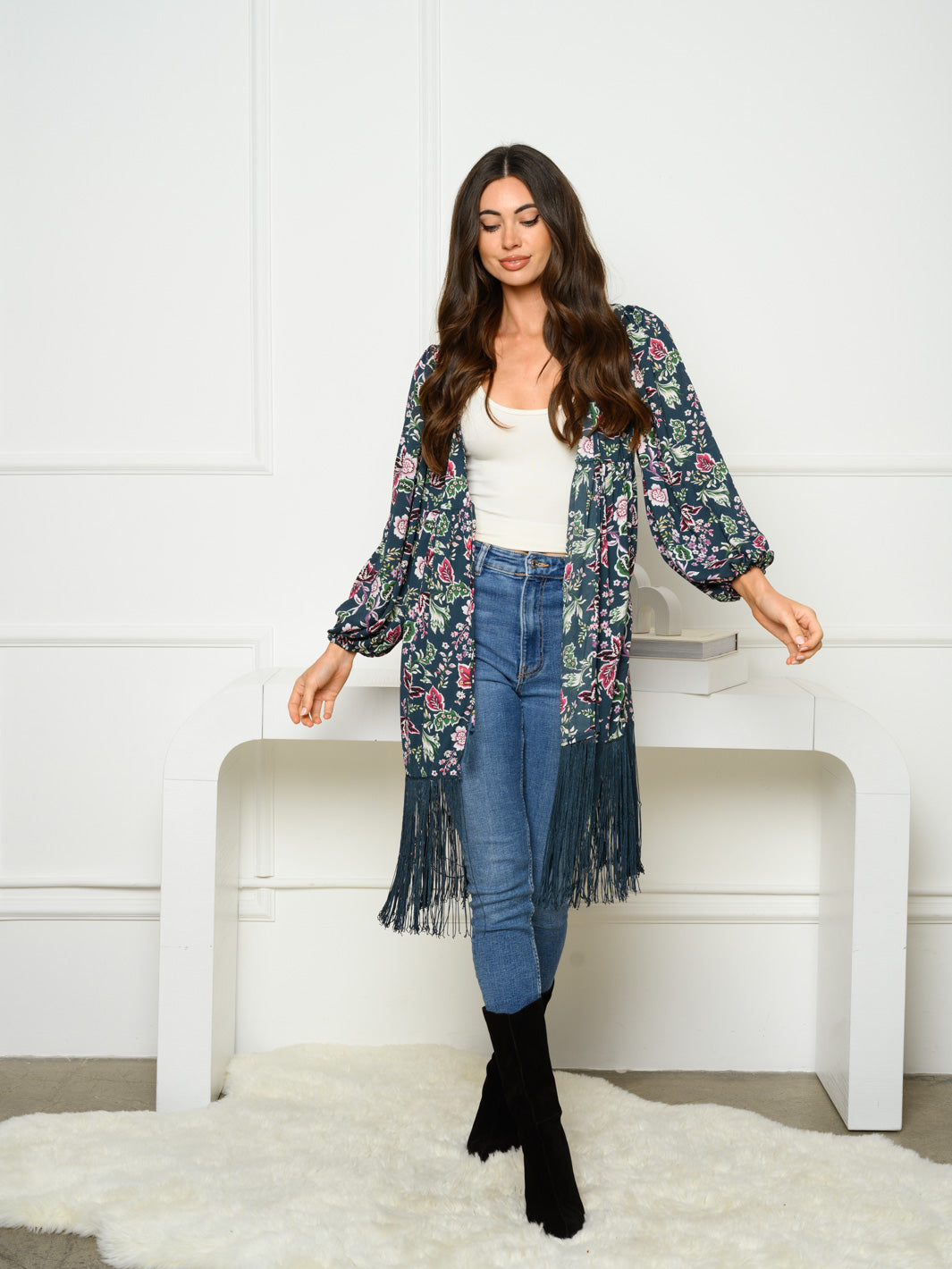 WOMEN'S 3/4 SLEEVE OPEN FRONT FRINGE FLORAL KIMONO