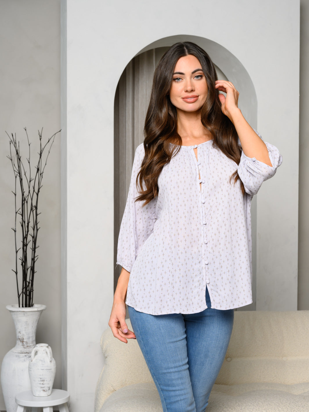 WOMEN'S 3/4 SLEEVE BOHO BUTTON DOWN BLOUSE PRINT TOP