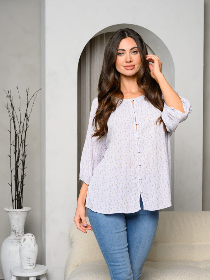 WOMEN'S 3/4 SLEEVE BOHO BUTTON DOWN BLOUSE PRINT TOP