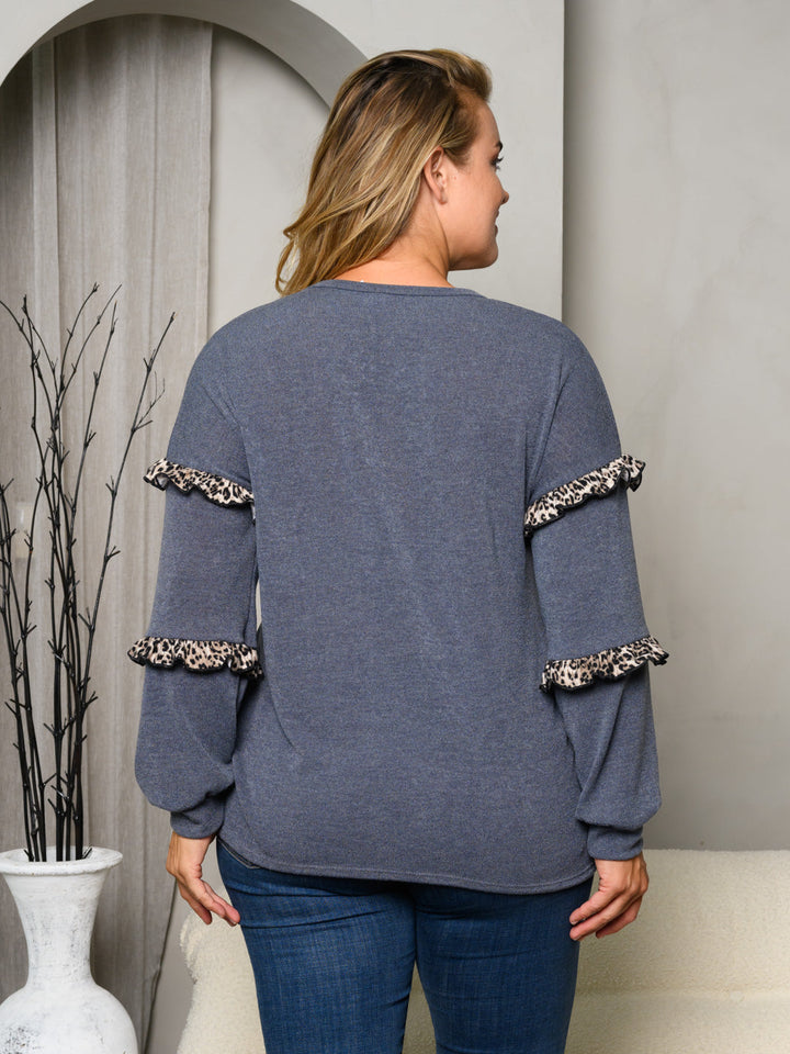 PLUS SIZE LONG RUFFLE SLEEVE ANIMAL PRINT DETAILED TOP