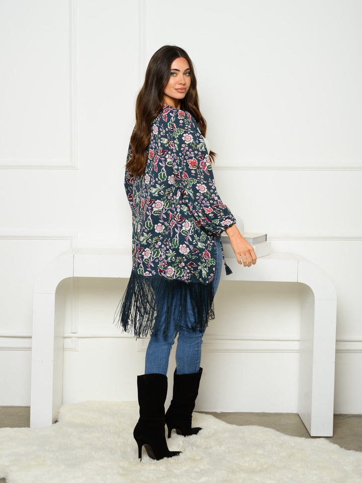 WOMEN'S 3/4 SLEEVE OPEN FRONT FRINGE FLORAL KIMONO