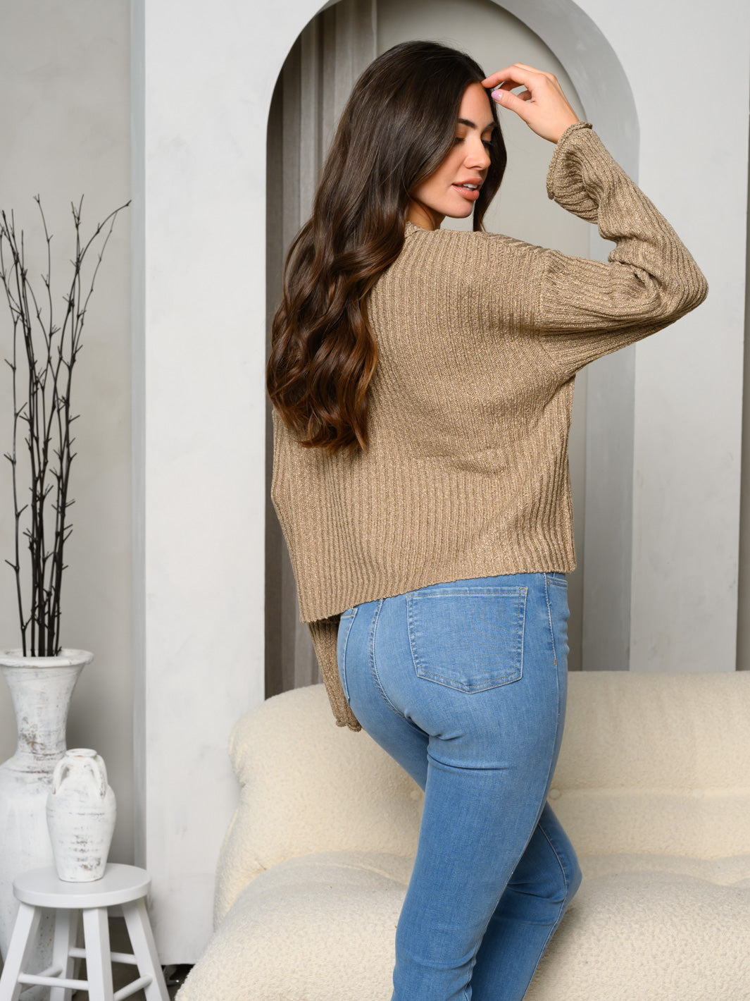 WOMEN'S LONG BELL SLEEVE SOLID RIBBED BUTTON UP TOP